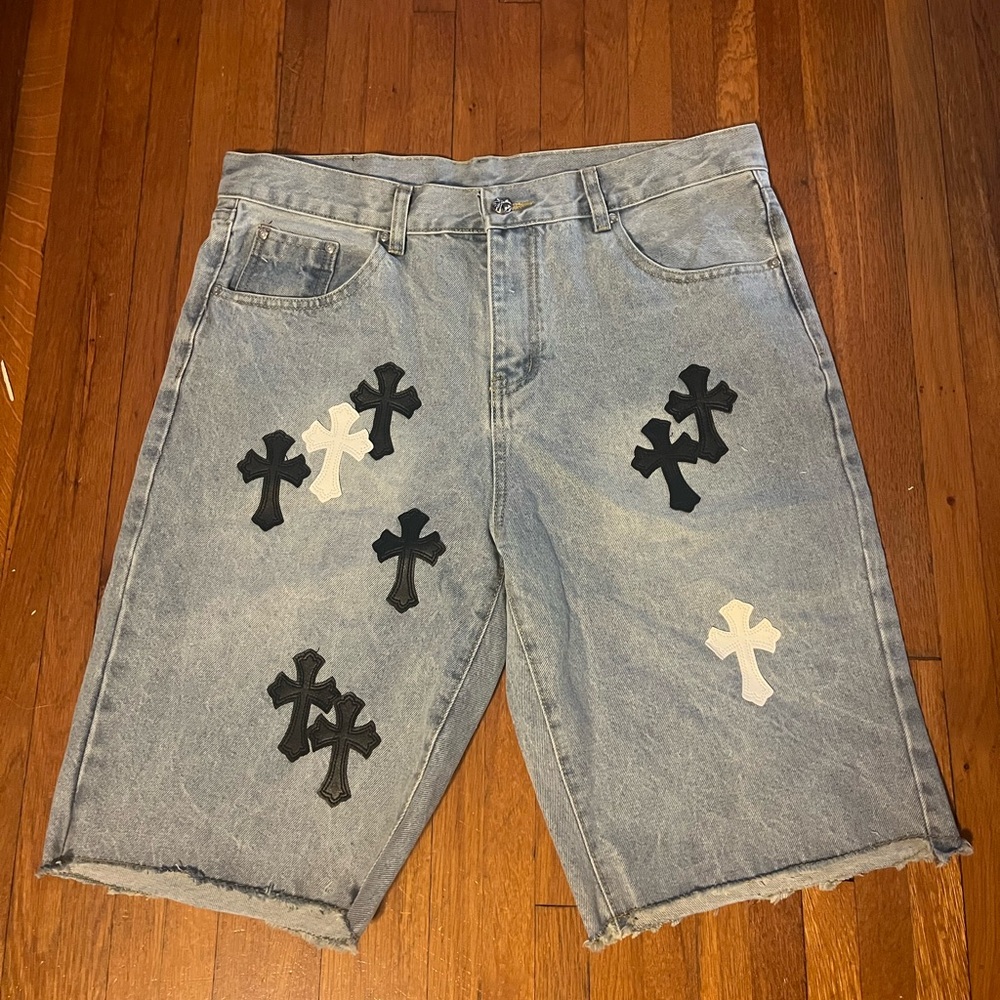 Chrome Hearts Blue and Black Jean Shorts with white and black patches